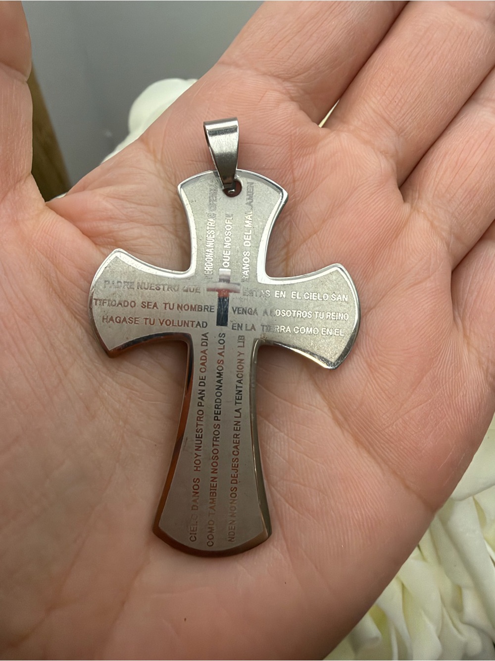 Stainless Steel Silver Cross Pendant with Prayer Engraving